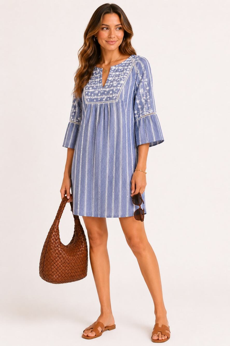 NWT Skies Are Blue Blue White Embroidered Stripe Shift Dress Womens Small
